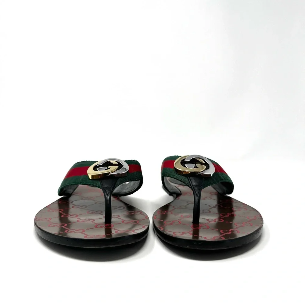 Gucci Kika Interlocking GG Logo Thong Sandals Flip Flops Flat Gold Silver 41 11 - Picture 4 of 10